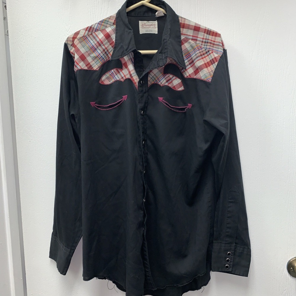 VTG Wrangler Pearl Snap Shirt Mens M/L 17 35 Western Cowboy Long‎ Tails Plaid